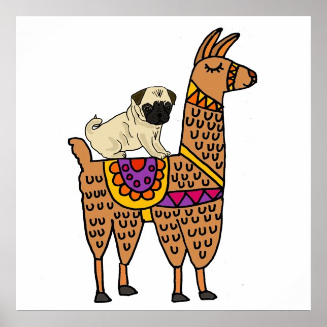 Funny Pug Hund Riding Llama Tecknad Poster (Framsidan)