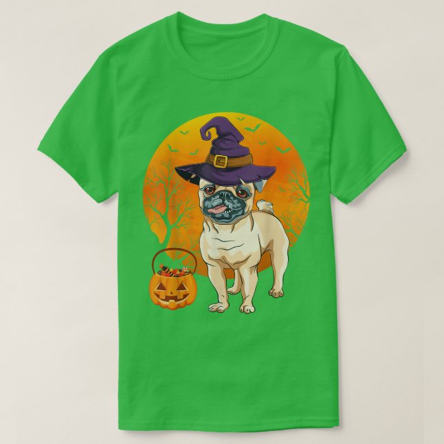 Funny Pug Moon Halloween Witch Hat Pug Dog Owner L T Shirt (Design framsida)