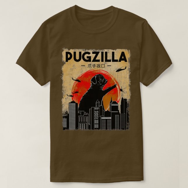 Funny Pug, Pugzilla, Rolig hund Pug T Shirt (Design framsida)