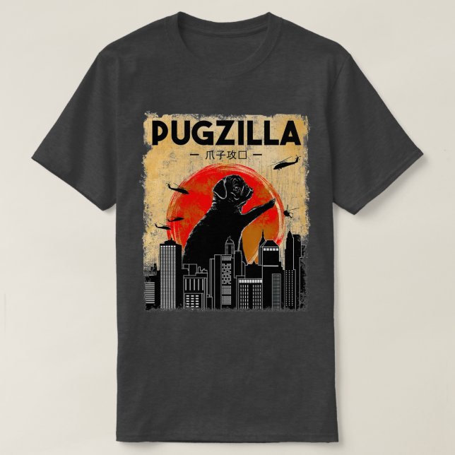 Funny Pug, Pugzilla, Rolig hund Pug T Shirt (Design framsida)