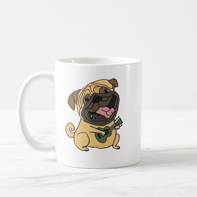 Funny Pug Spela Ukulele Tecknad Kaffemugg (Vänster)