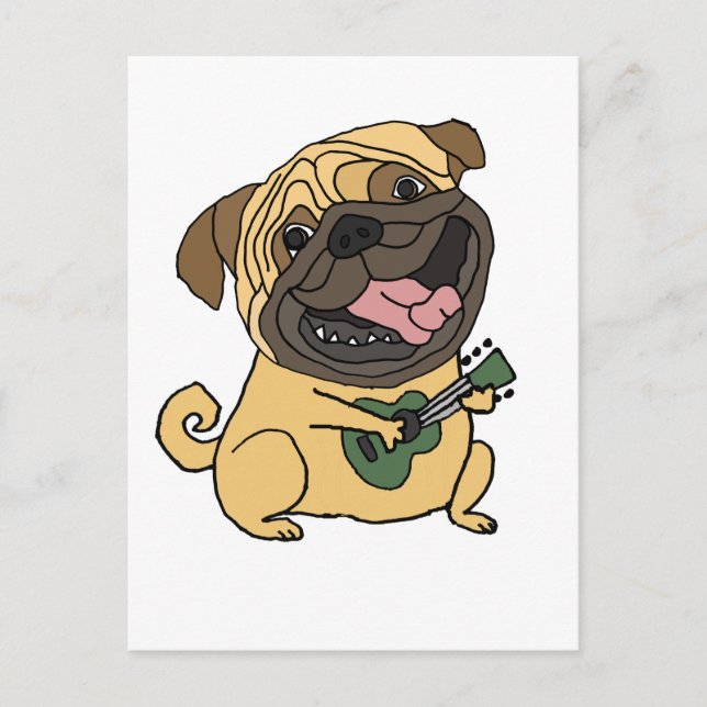 Funny Pug Spela Ukulele Tecknad Vykort (Framsida)