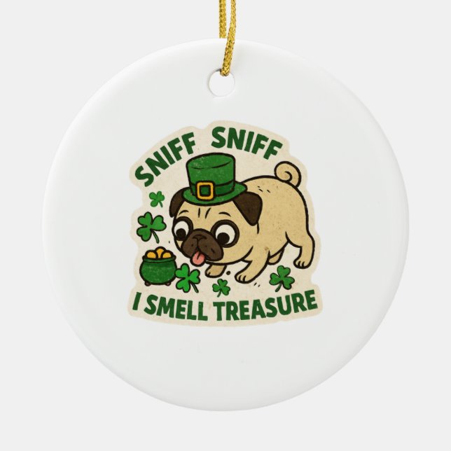 Funny Pug Treasure Hunting St. Patrick’s Day Julgransprydnad Keramik (Framsidan)