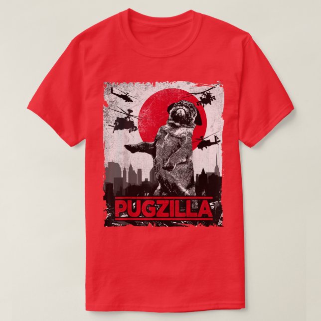 Funny Pugzilla Pug Hund T Shirt (Design framsida)