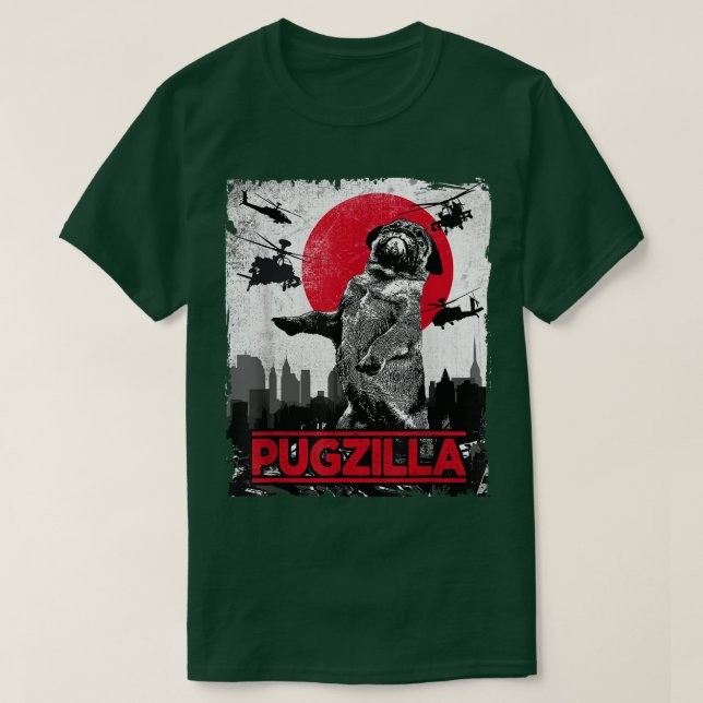 Funny Pugzilla Pug Hund T Shirt (Design framsida)