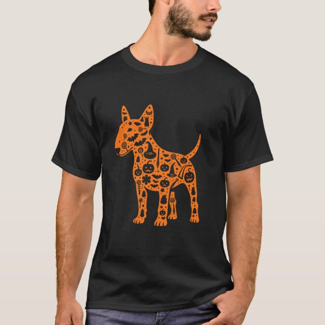 Funny Pumpkin Bull Terrier Candy Halloween Manar W T Shirt (Framsida)