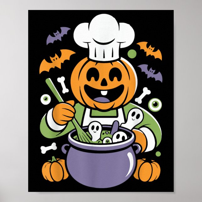 Funny Pumpkin Chef Cooking Halloween Cauldron Desi Poster (Framsidan)