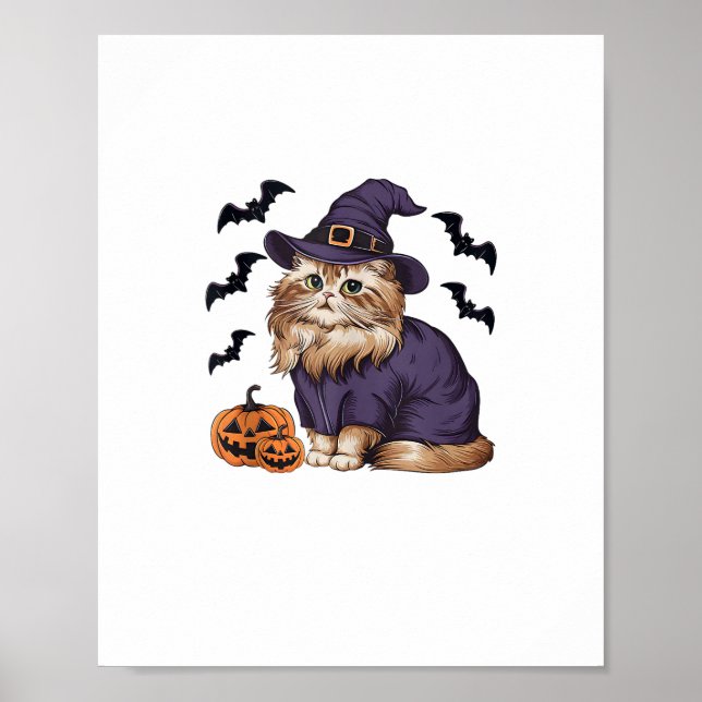 Funny Pumpkin Fladdermus Witch Costume Persian Cat Poster (Framsidan)