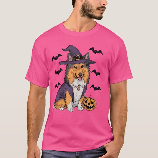 Funny Pumpkin Fladdermus Witch Costume Sheltie Hun T Shirt (Framsida)