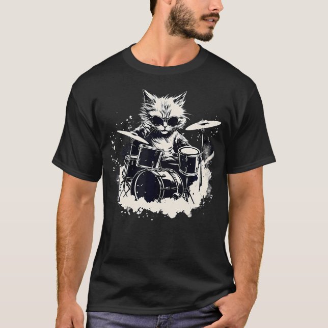Funny Punk Kitten Kitty Cat Drummer Playing Drums T Shirt (Framsida)