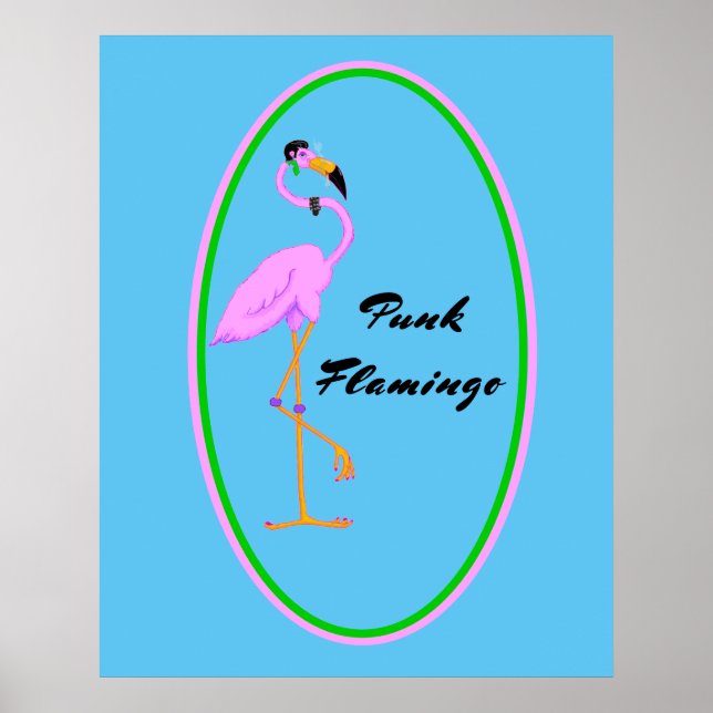 Funny Punk Rosa Flamingo på Teal Poster (Framsidan)