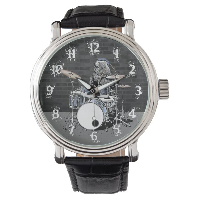 Funny Punk Sten Drummer Bear Spelar Drums Rocker Armbandsur (Framsida)
