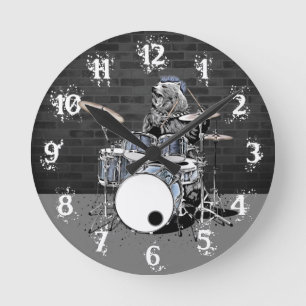 Funny Punk Sten Drummer Bear Spelar Drums Rocker Rund Klocka