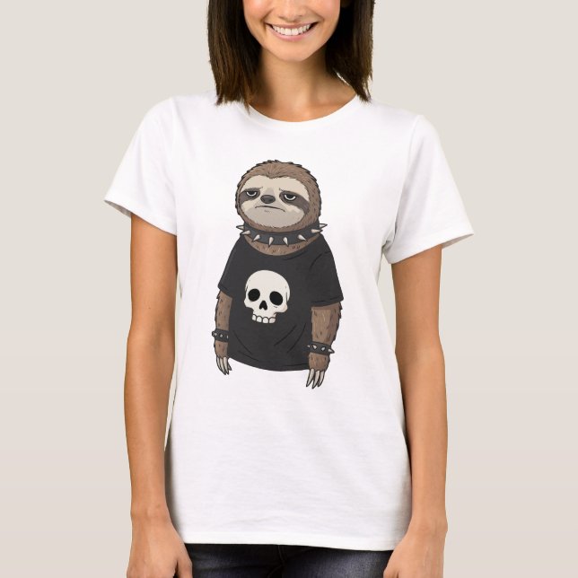 Funny Punk Sten Emo Sloth med Skullgrafik T Shirt (Framsida)