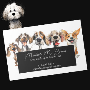Funny Puppy Dog Walker Sitter Black White Magnetiska Visitkort