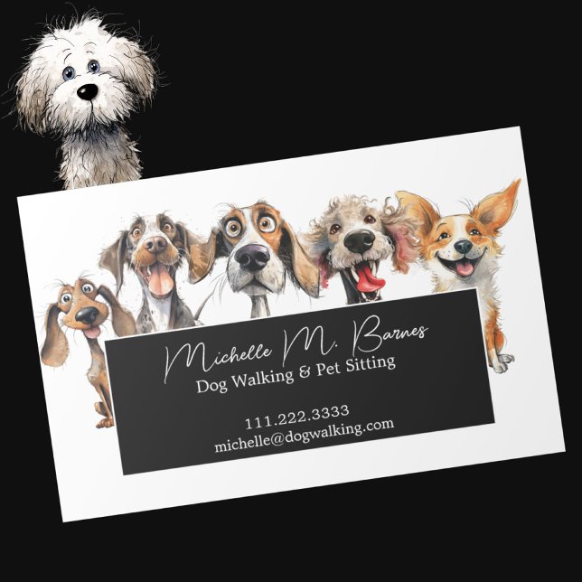 Funny Puppy Dog Walker Sitter Black White Magnetiska Visitkort (Skapare uppladdad)