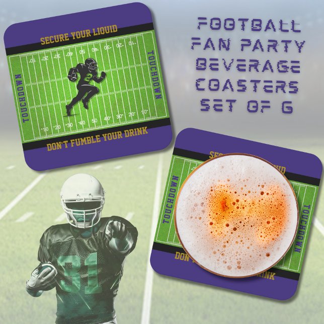 Funny Purple Football Game Day Coasters Underlägg Papper Kvadrat (Don't let your drinks fumble the table! Secure Your Liquid with this fun set of football coasters)