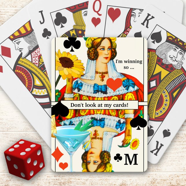Funny Queen Cocktail-uppspelningskort Deck Casinokort (Deck of playing cards featuring a colorful design with a queen with sunflower and cocktail.)