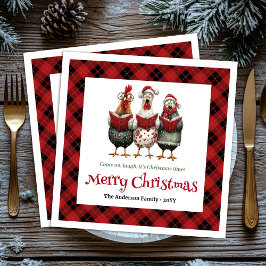 Funny quirky chickens Christmas napkin custom name Pappersservett