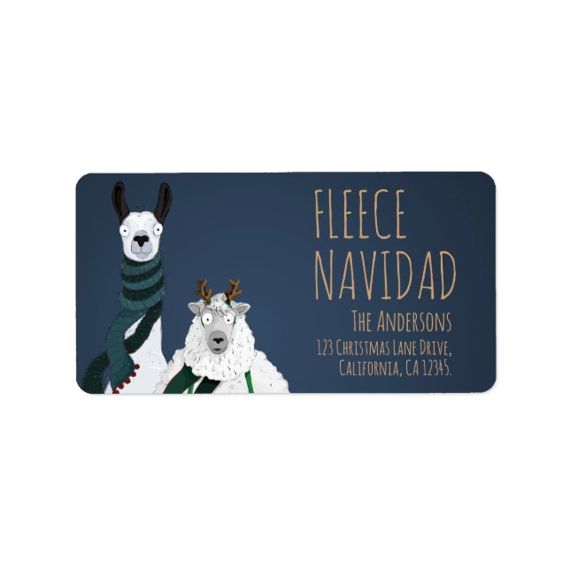 Funny Quirky Llama & Sheep 'Fleece Navidad' Pun Adressetikett (Framsidan)