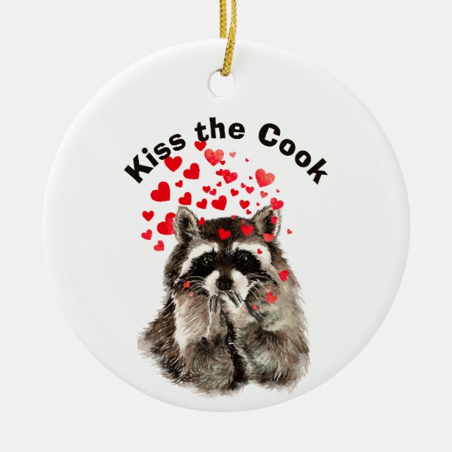 Funny Quote Kiss the Cook Cute Raccoons, Animal Julgransprydnad Keramik (Framsidan)