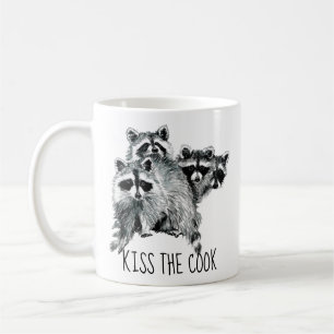 Funny Quote Kiss the Cook Cute Raccoons, Animal Kaffemugg