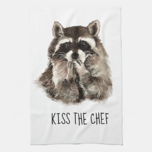 Funny Quote Kiss the Cook Cute Raccoons, Animal Kökshandduk