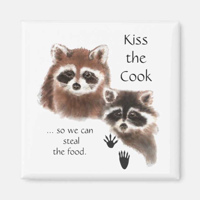 Funny Quote Kiss the Cook Cute Raccoons, Animal Magnet (Framsidan)