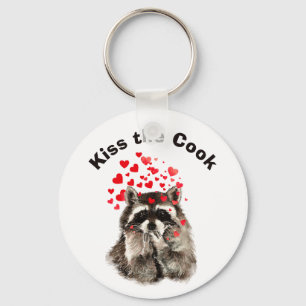 Funny Quote Kiss the Cook Cute Raccoons, Animal Nyckelring