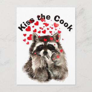 Funny Quote Kiss the Cook Cute Raccoons, Animal Vykort