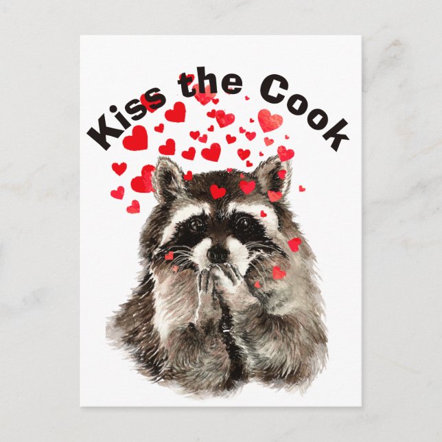 Funny Quote Kiss the Cook Cute Raccoons, Animal Vykort (Framsida)