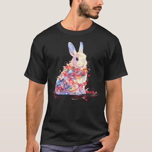 Funny Rabbit Bunny Christmas Tree Lights Xmas Boys T Shirt (Framsida)