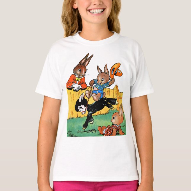 Funny Rabbit Riding A Black Hund Tecknad T Shirt (Framsida)