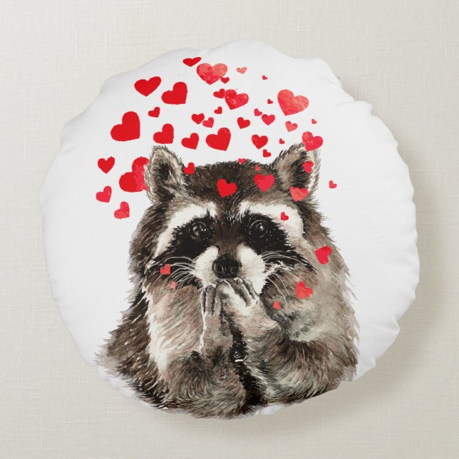 Funny Raccoon Blowing kisses & Kärlek Hearts Rund Kudde (Baksidan)