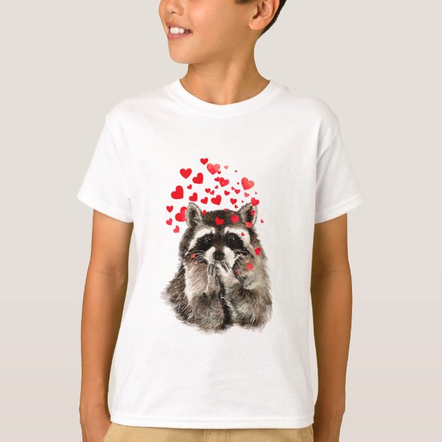Funny Raccoon Blowing kisses & Kärlek Hearts T-shirt (Framsida)