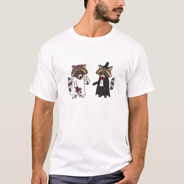 Funny Raccoon Bride and Groom Bröllop Art T-shirt (Framsida)