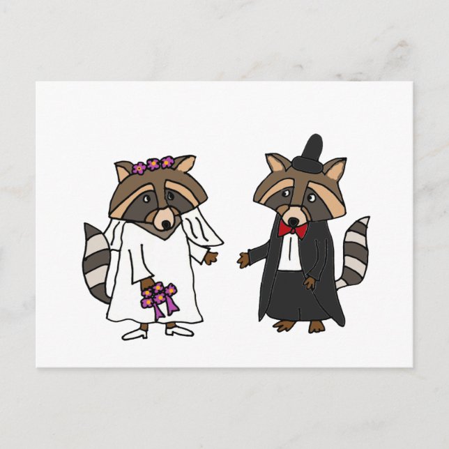 Funny Raccoon Bride and Groom Bröllop Art Vykort (Framsida)