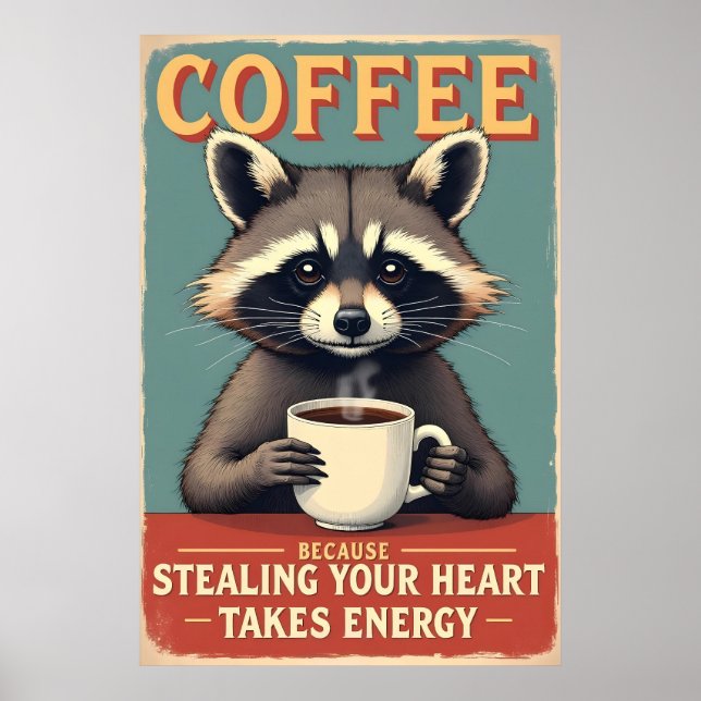 Funny Raccoon Coffee Art Poster (Framsidan)