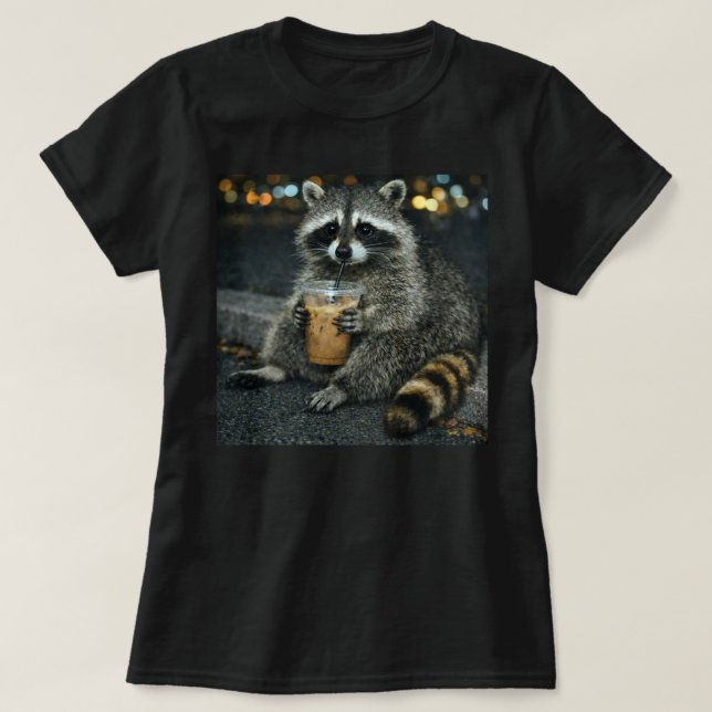 Funny Raccoon Drinking Iced Coffee — Cute Animal  T Shirt (Design framsida)