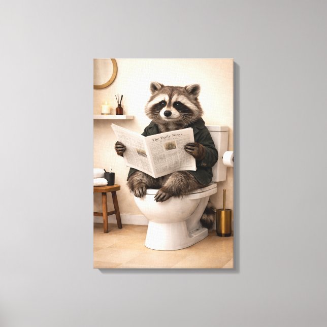 Funny Raccoon Reading Newspaper Bathroom Humor Canvastryck (Framsida)