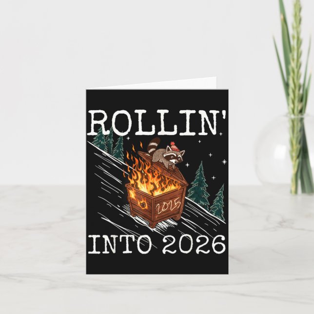 Funny Raccoon Rolling Into 2026 Retro New Year 202 Kort (Framsida)