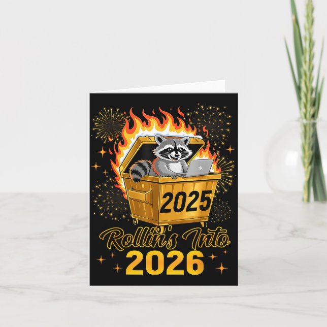 Funny Raccoon Rollin's Into 2026 New Year Matching Kort (Framsida)