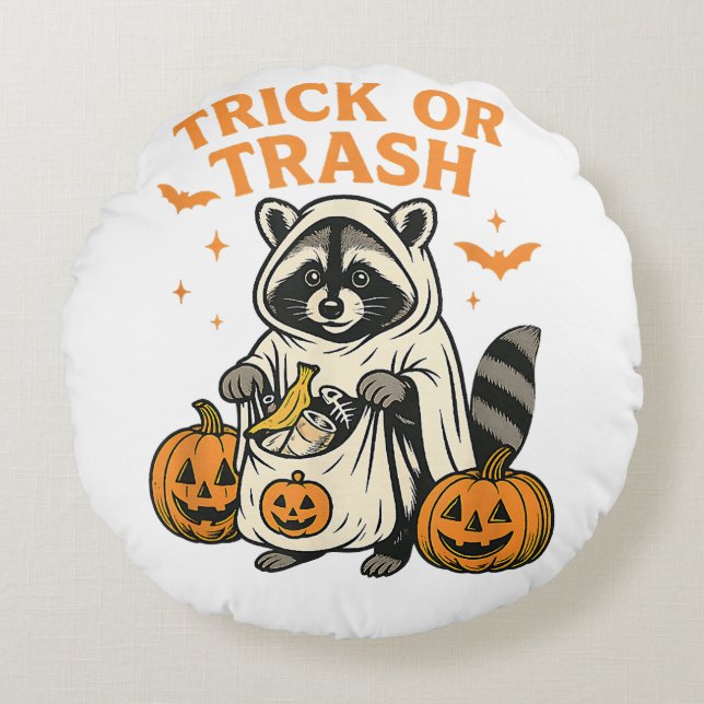 Funny Raccoon Trick eller Sopor Halloween Rund Kudde (Framsidan)
