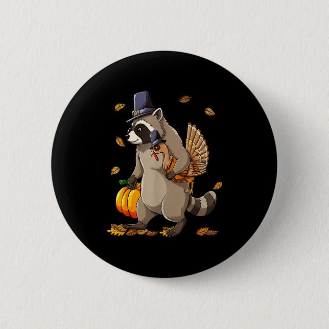 Funny Raccoon Turkey Pumpkin Thanksgiving Gift Men Knapp (Framsida)