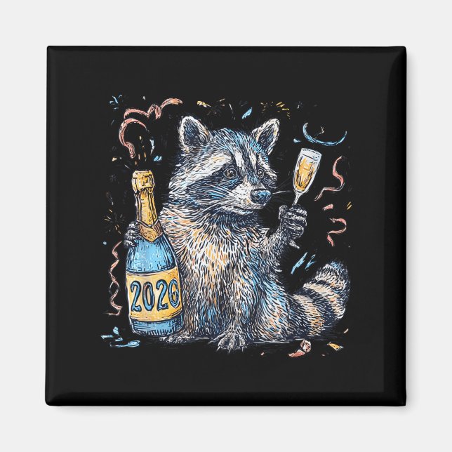 Funny Raccoon With Champagne Disco Ball New Years  Magnet (Framsidan)