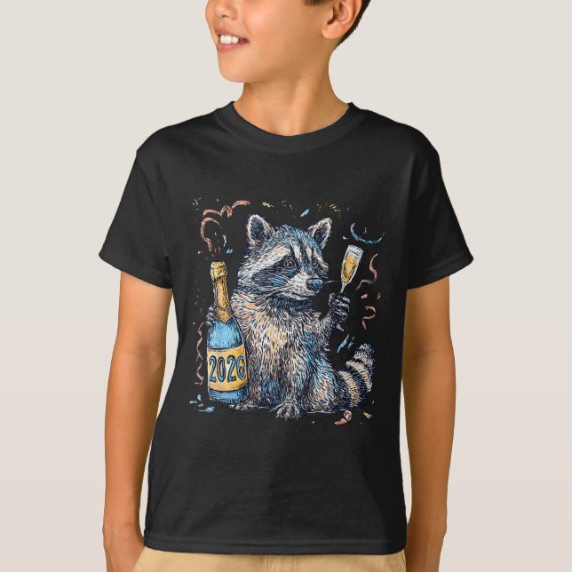 Funny Raccoon With Champagne Disco Ball New Years  T Shirt (Framsida)