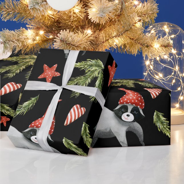 Funny Raccoons Black | Noel Träd Wrapping Papper Presentpapper (Helgdagar)