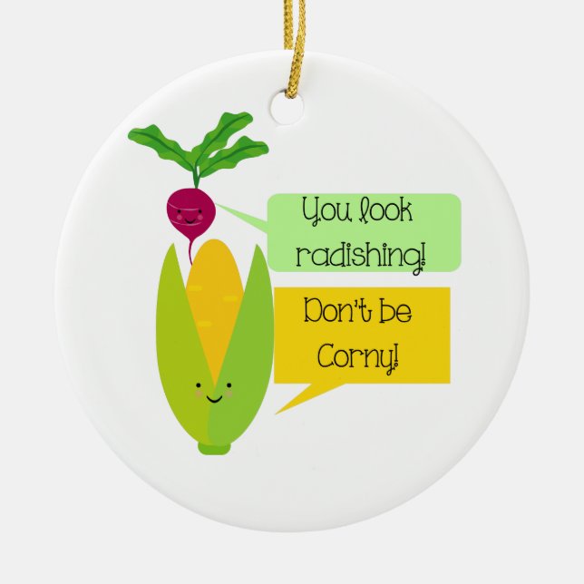 Funny Radish och Maj Vegetable Humor Julgransprydnad Keramik (Framsidan)