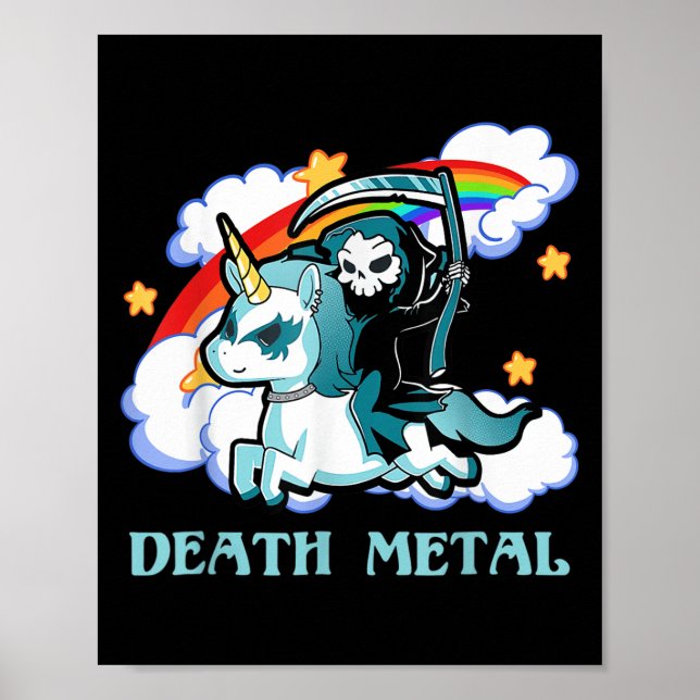 Funny Rainbow Skeleton Unicorn Död Metall Music F Poster (Framsidan)