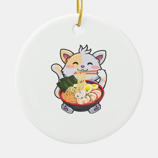 Funny Ramen Cat Anime Kawaii Japanska Noodles Kärl Julgransprydnad Keramik (Framsidan)